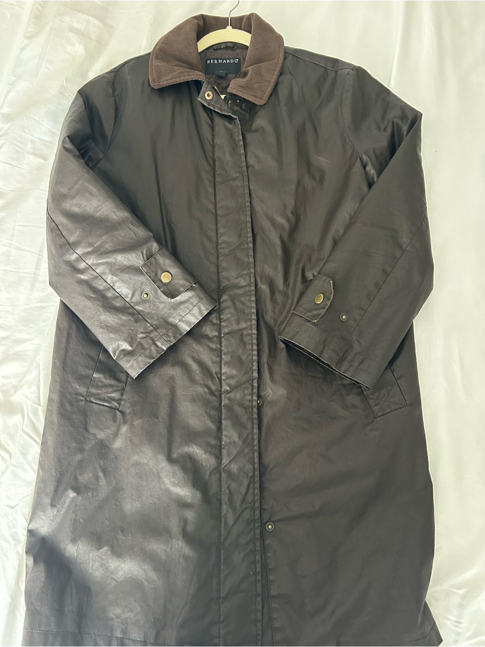 Bernardo Dark Brown Long waxed 
Trench Coat with Corduroy Collar
